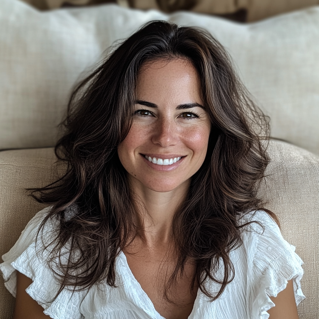 A smiling woman sitting on a couch | Source: Midjourney