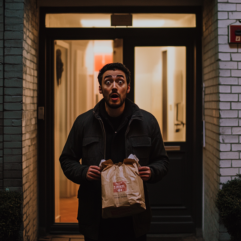 A shocked man with takeout | Source: Midjourney