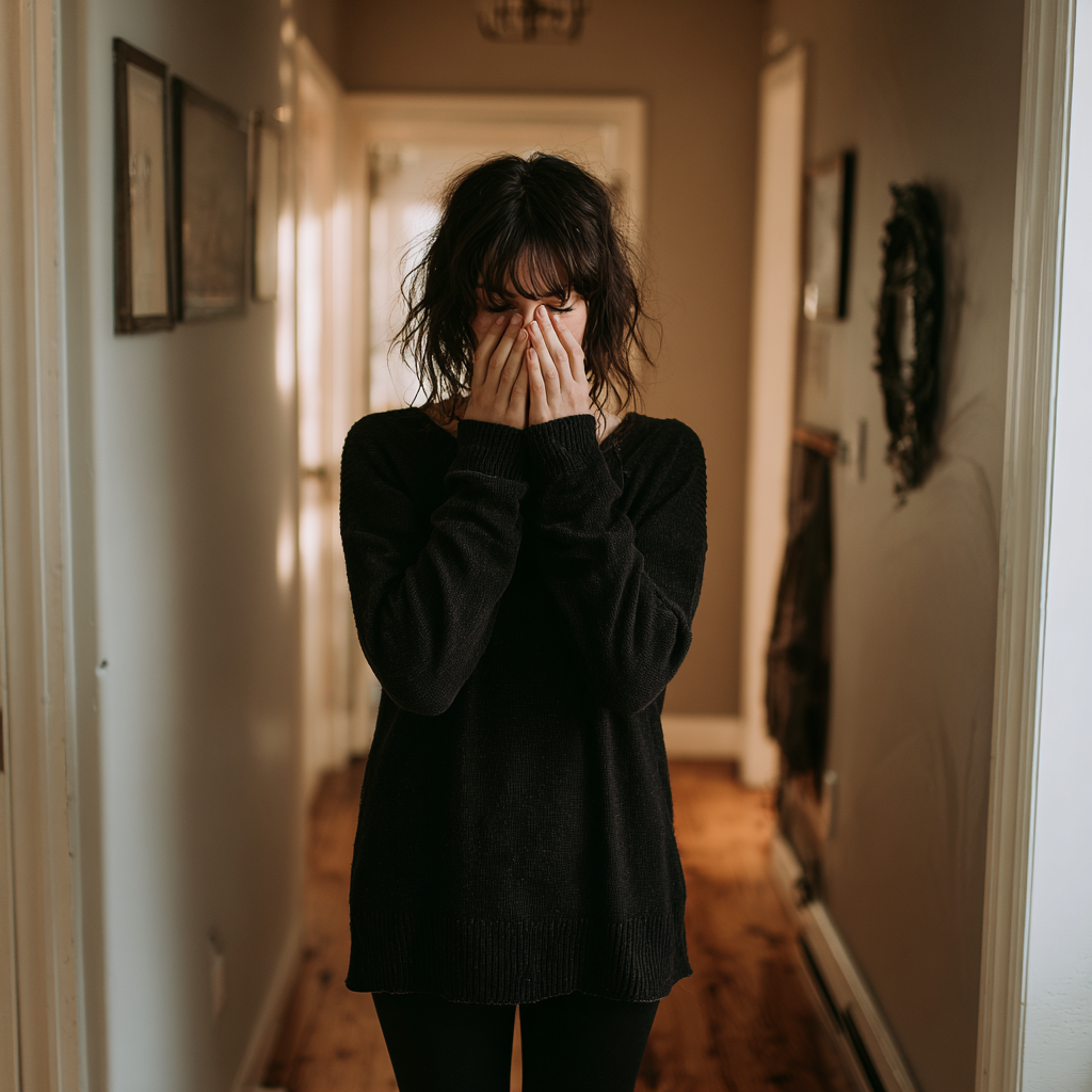 A woman with her hands in front of her face | Source: Midjourney