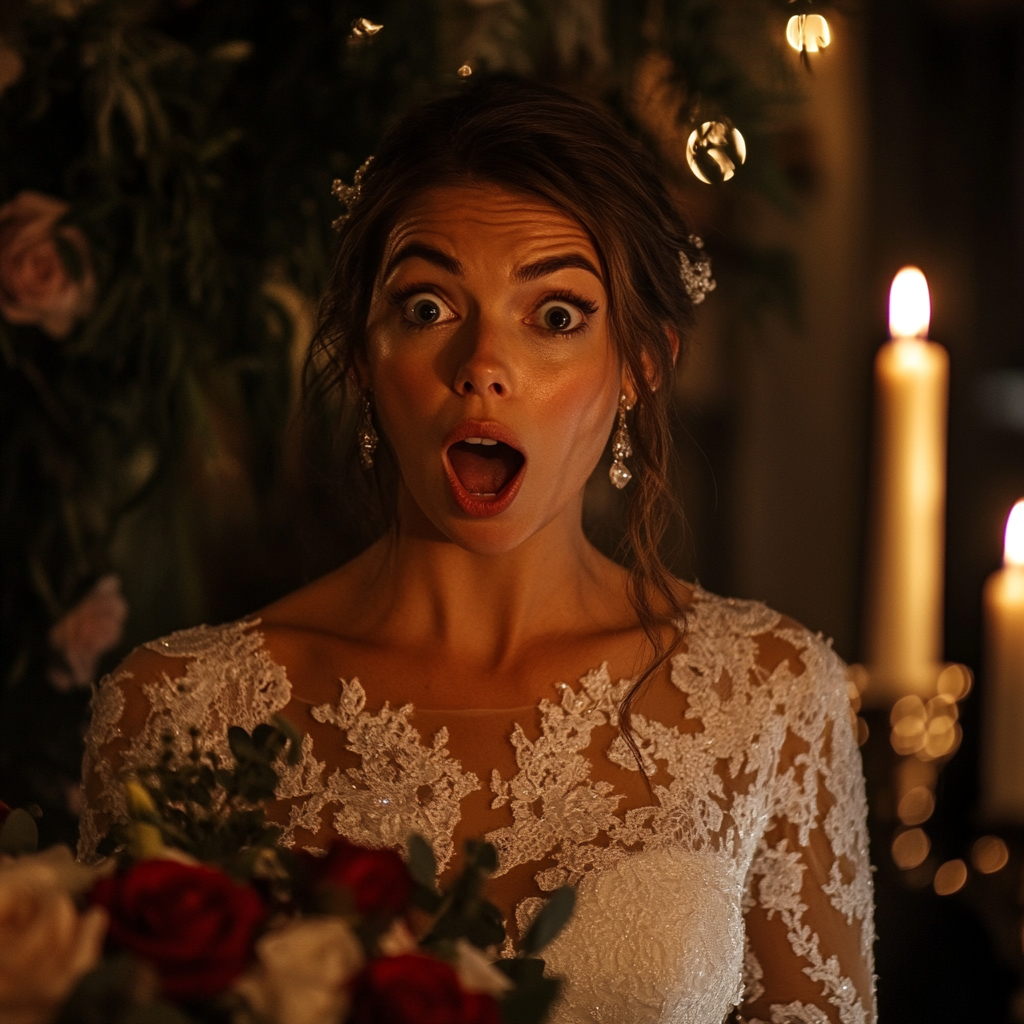 An exaggerated shocked bride | Source: Midjourney