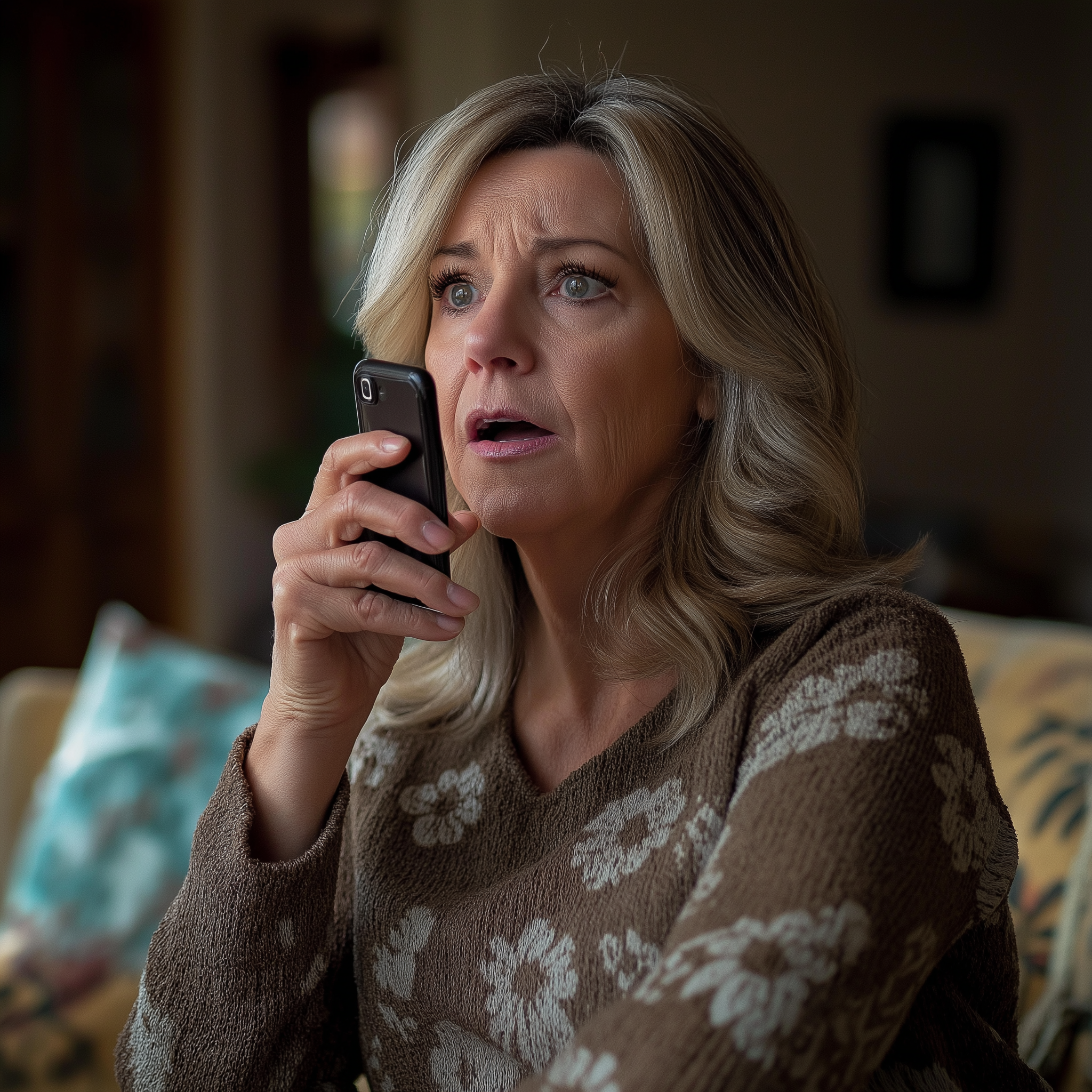 A startled woman talking on her phone | Source: Midjourney