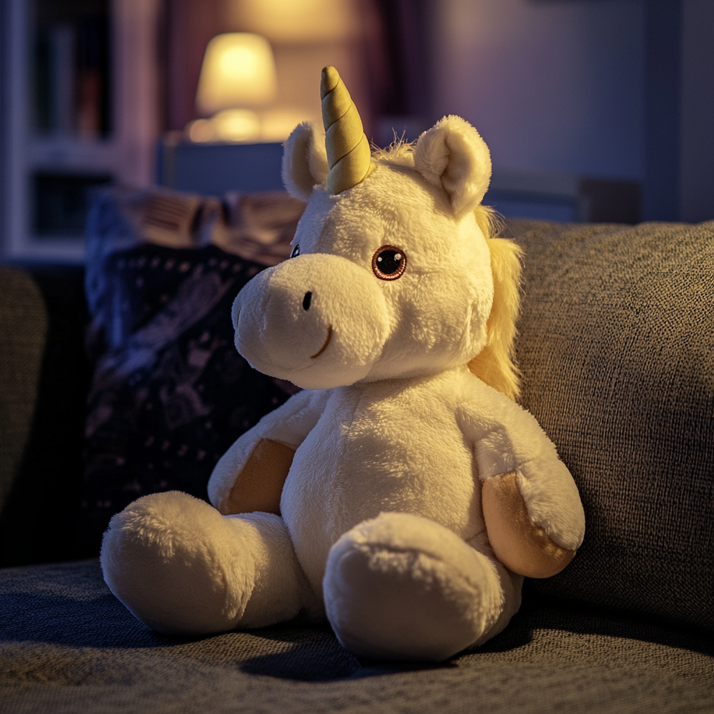 Um unicórnio de pelúcia em um sofá | Fonte: Midjourney