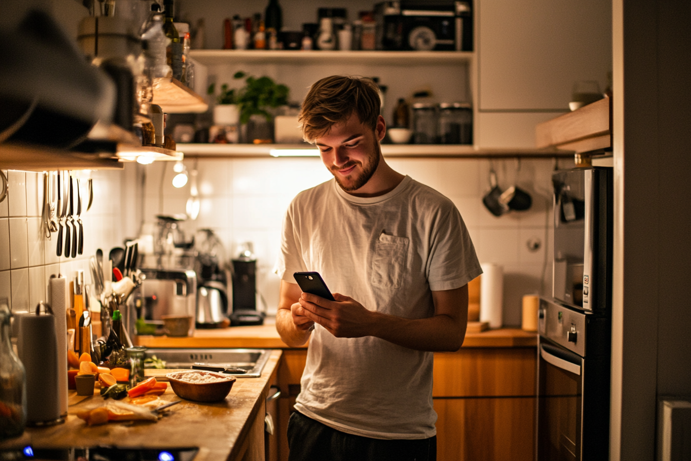 A man holding his phone in a kitchen | Source: Midjourney