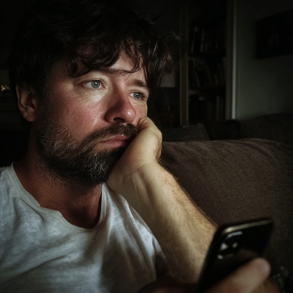 A grumpy man sitting on a couch | Source: Midjourney