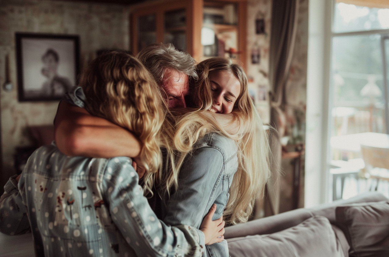 A man hugging his twin daughters | Source: MidJourney