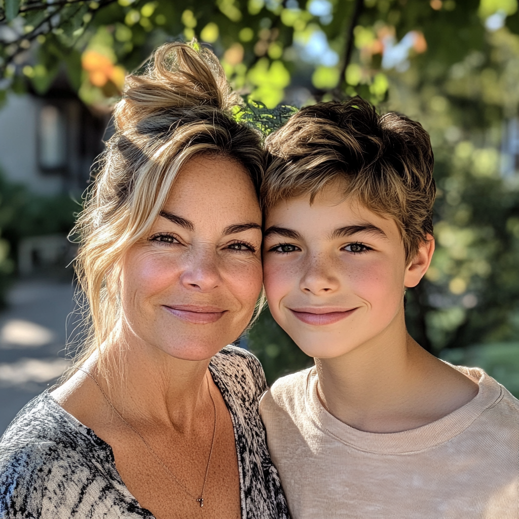 A smiling woman with her son | Source: Midjourney