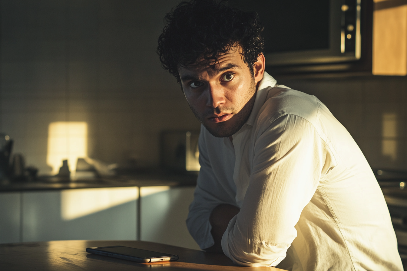 Man in his 30s with a pleading look sitting at a kitchen table where there's a phone | Source: Midjourney