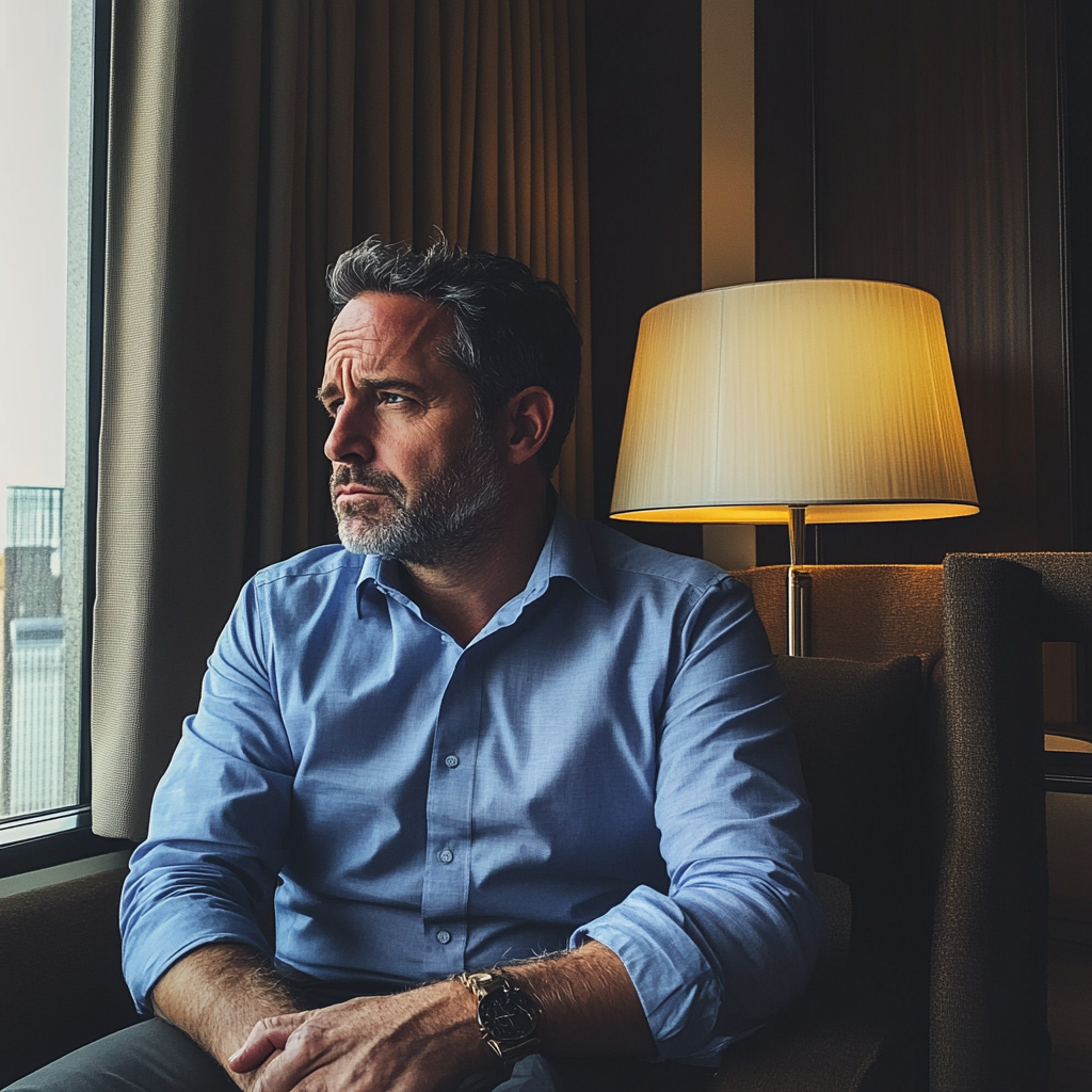 A man sitting in a hotel room |  Source: Midjourney