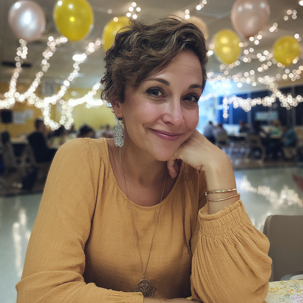 A smiling woman wearing a mustard dress | Source: Midjourney