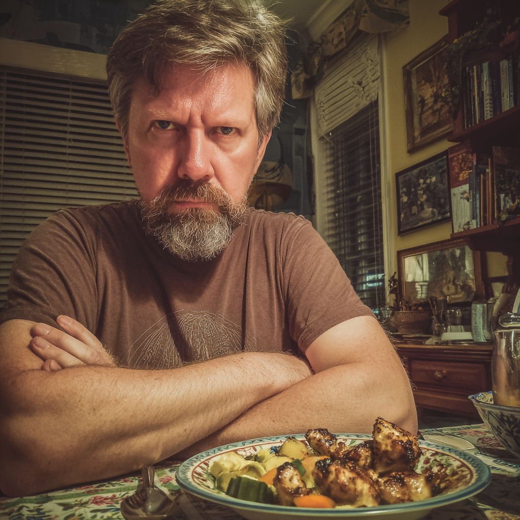 A frowning man sitting at a table | Source: Midjourney