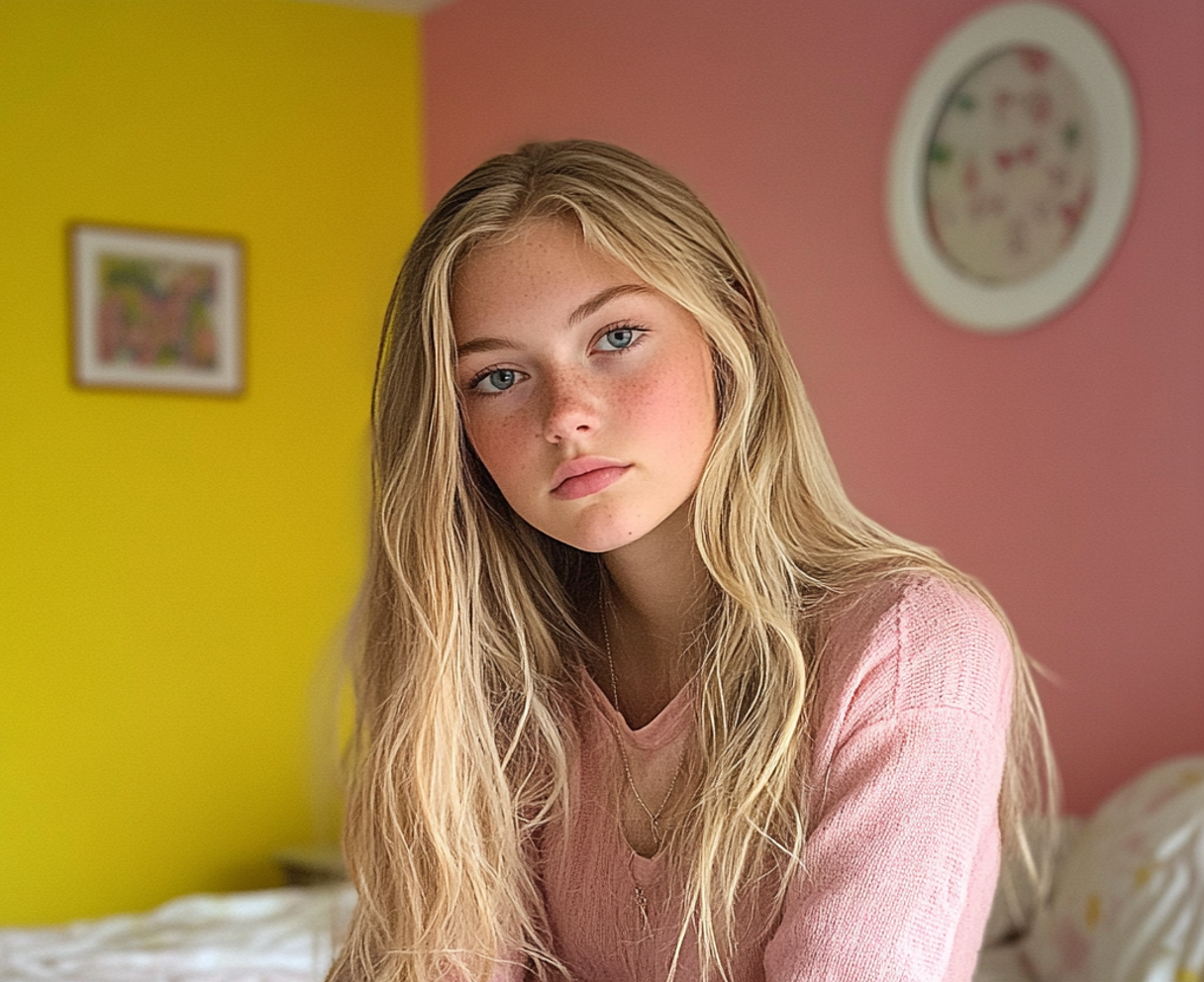 A teenage girl sitting on her bed | Source: Midjourney