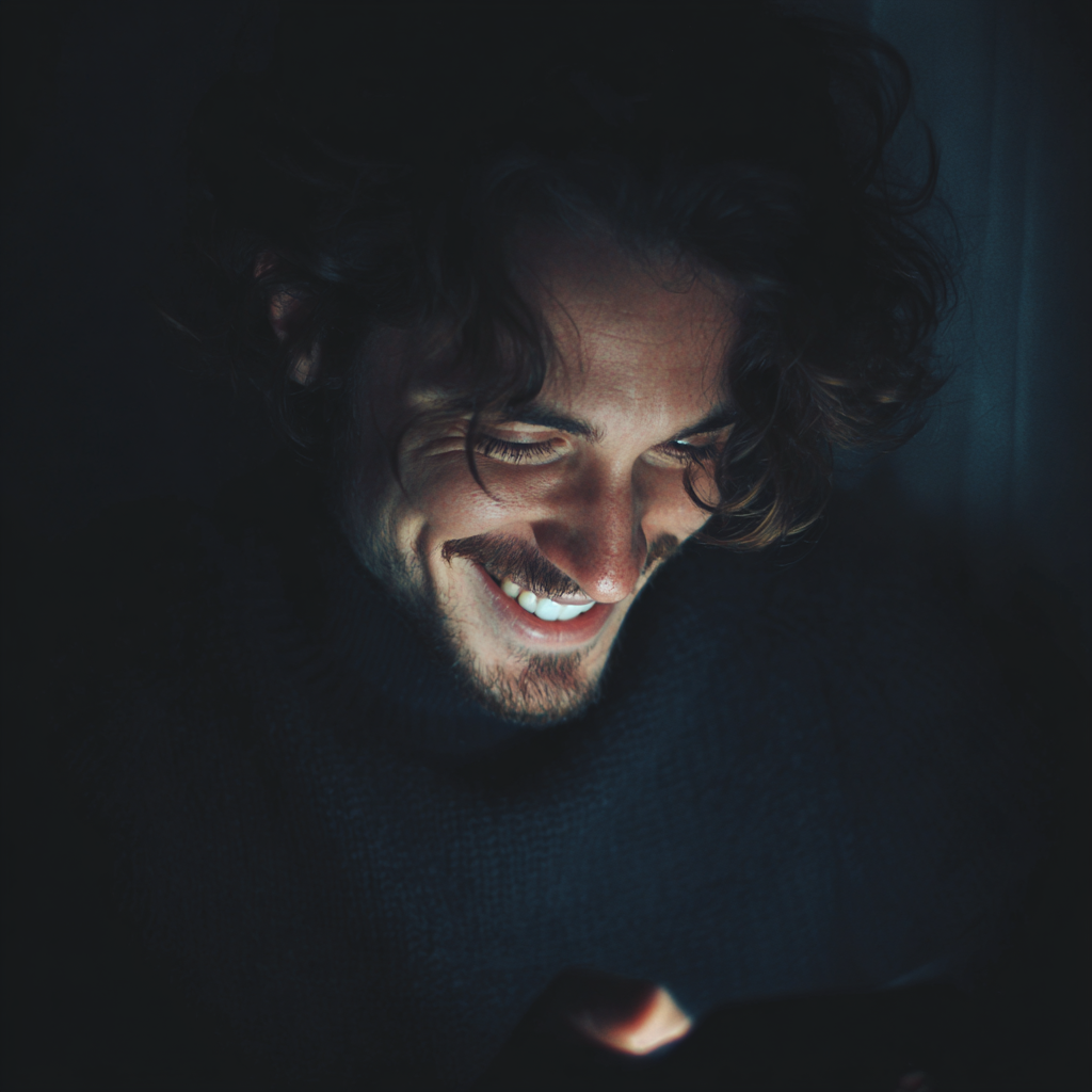 A man holding his phone and smiling | Source: Midjourney