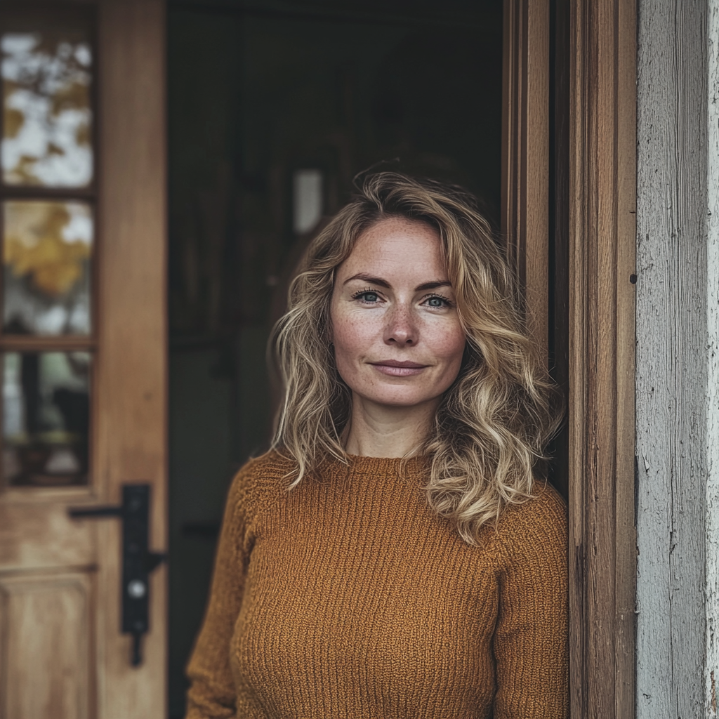 A smiling woman standing at a front door | Source: Midjourney