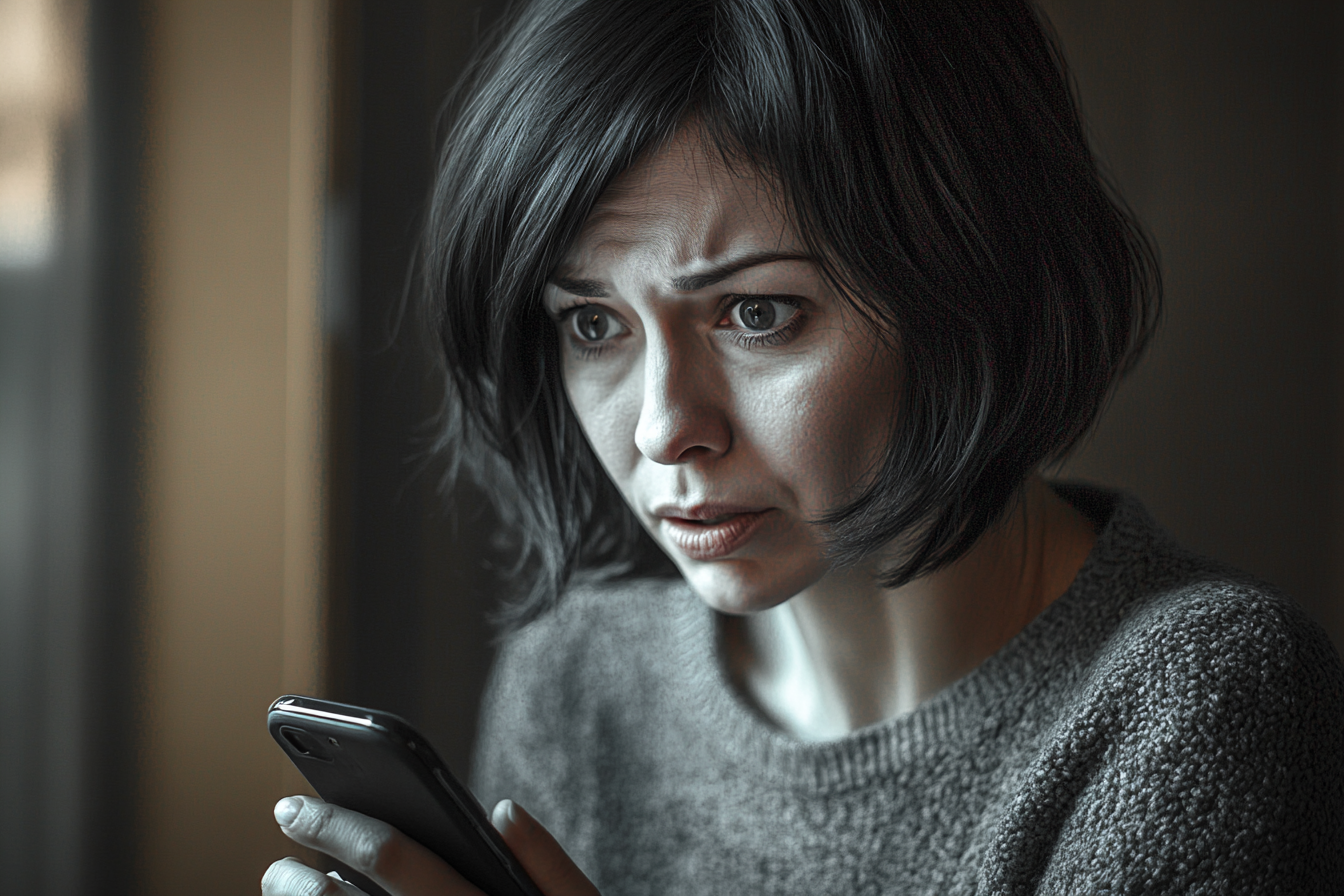 A woman staring at her phone in shock | Source: Midjourney