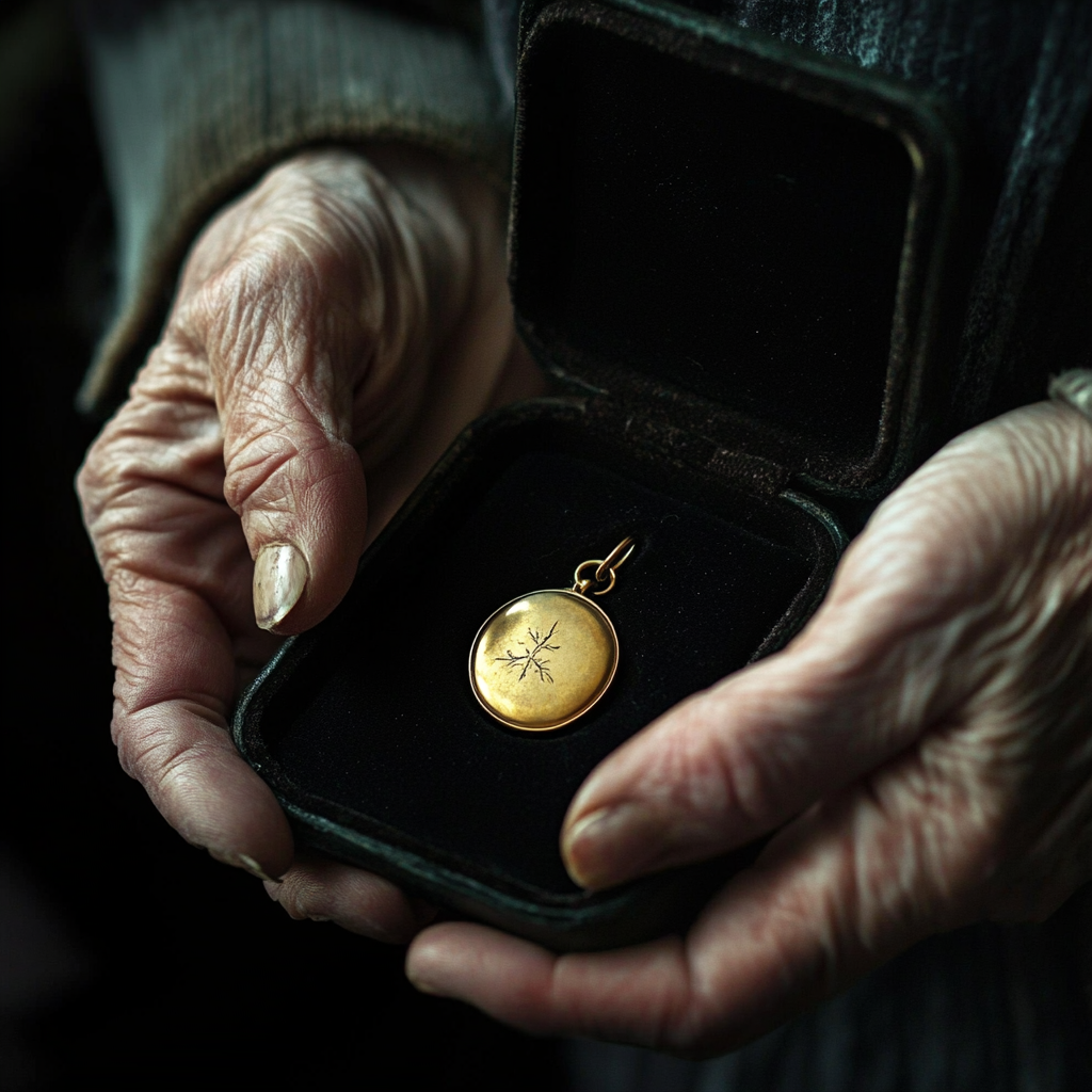 A woman holding a gold locket | Source: Midjourney