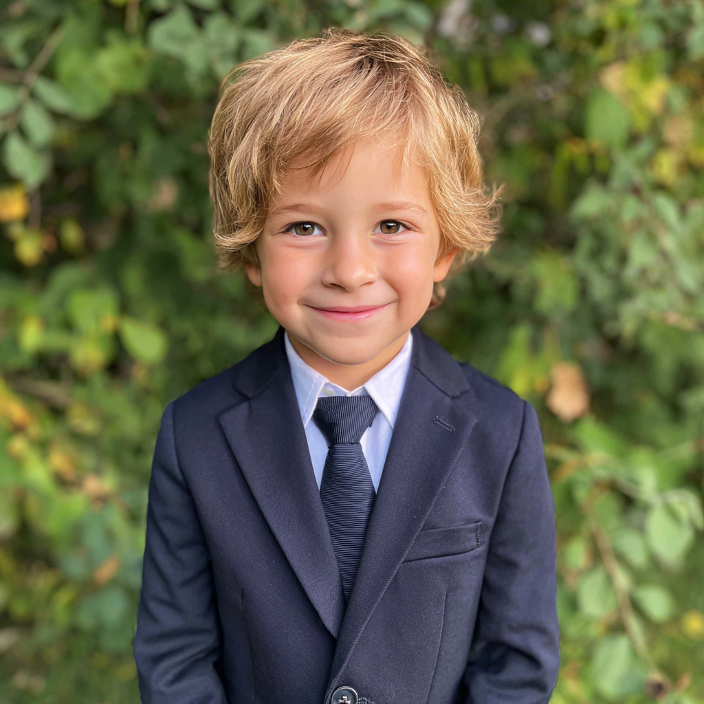 A smiling little boy wearing a navy suit | Source: Midjourney