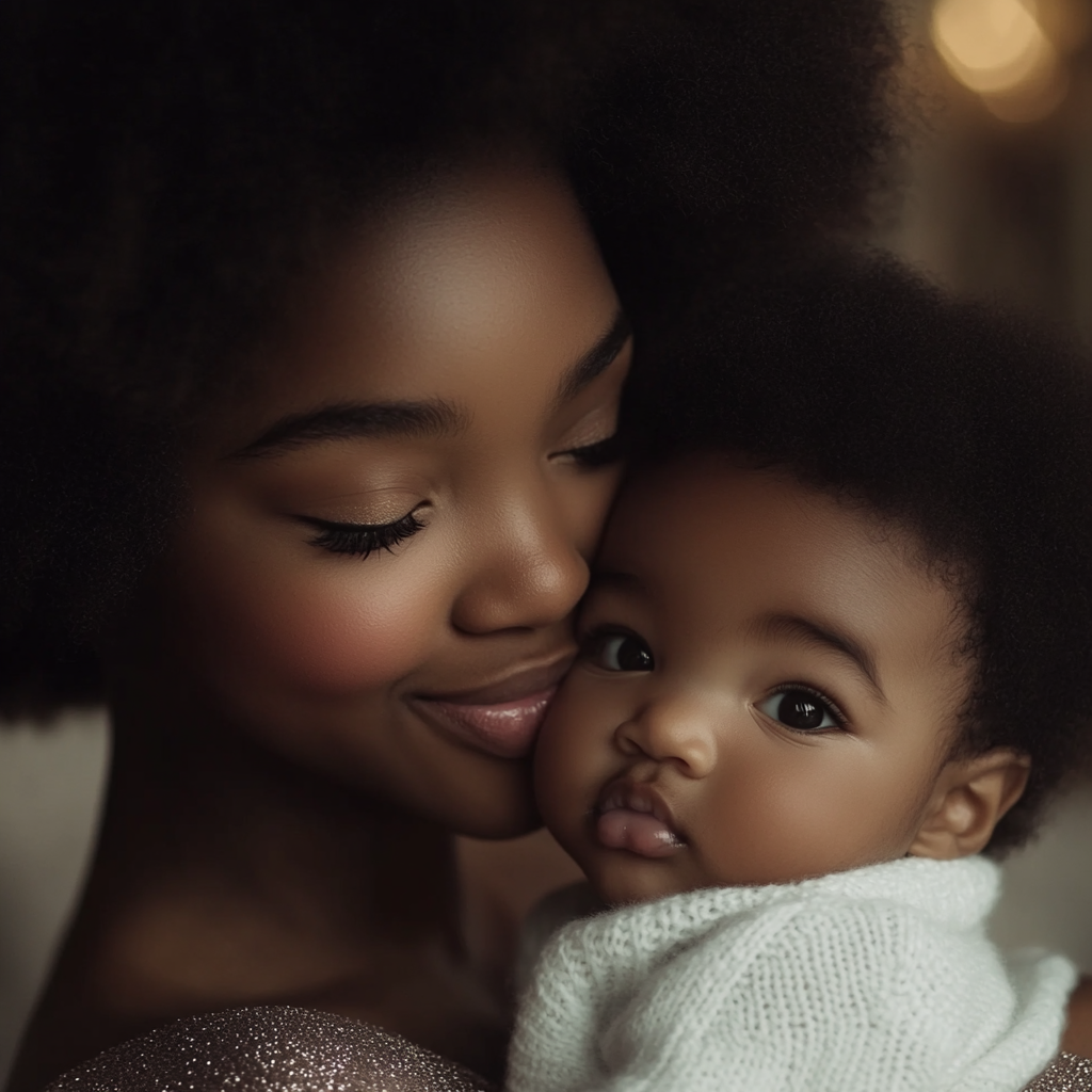 A woman kissing her baby son on his cheek | Source: Midjourney