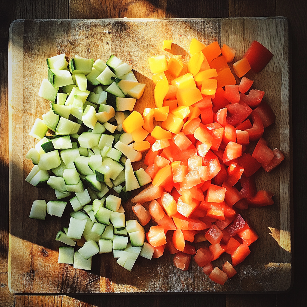 Chopped vegetables on a wooden board | Source: Midjourney