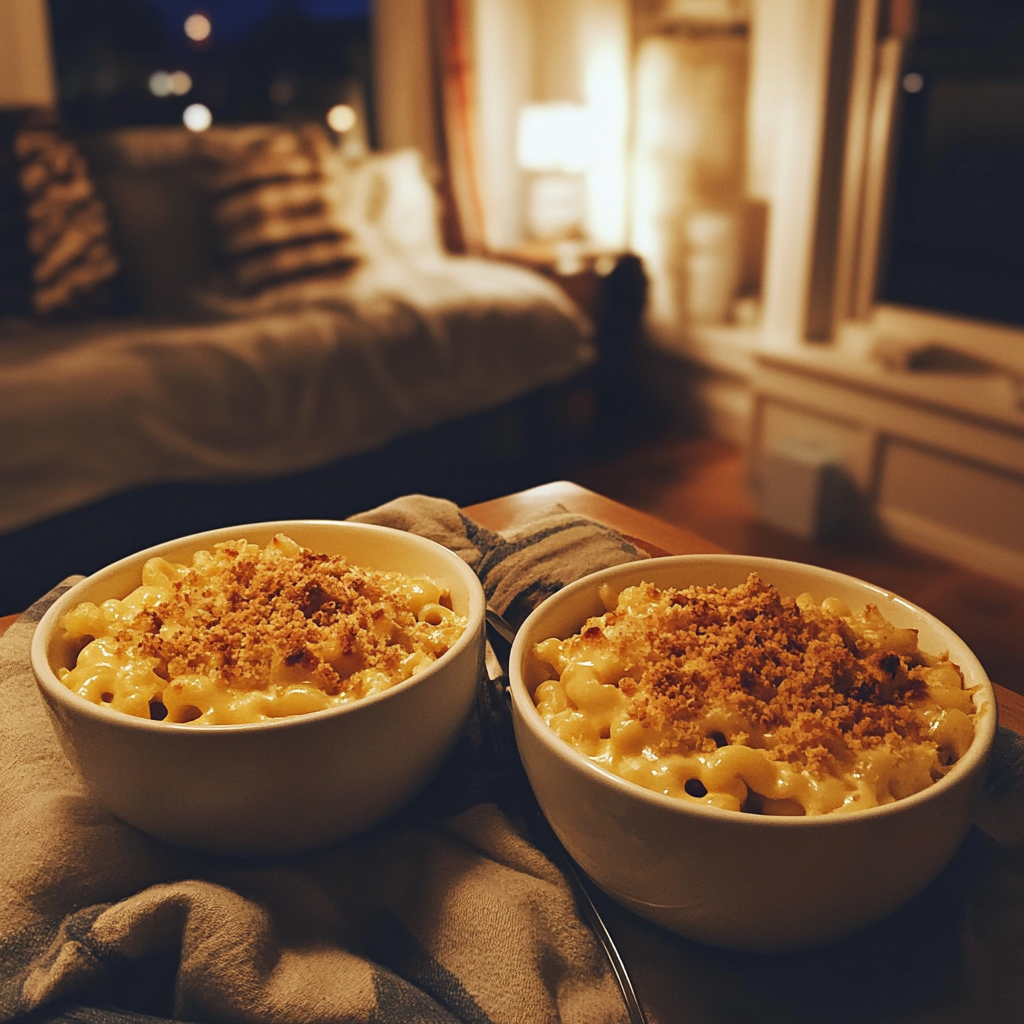 Bowls of mac and cheese on a coffee table | Source: Midjourney