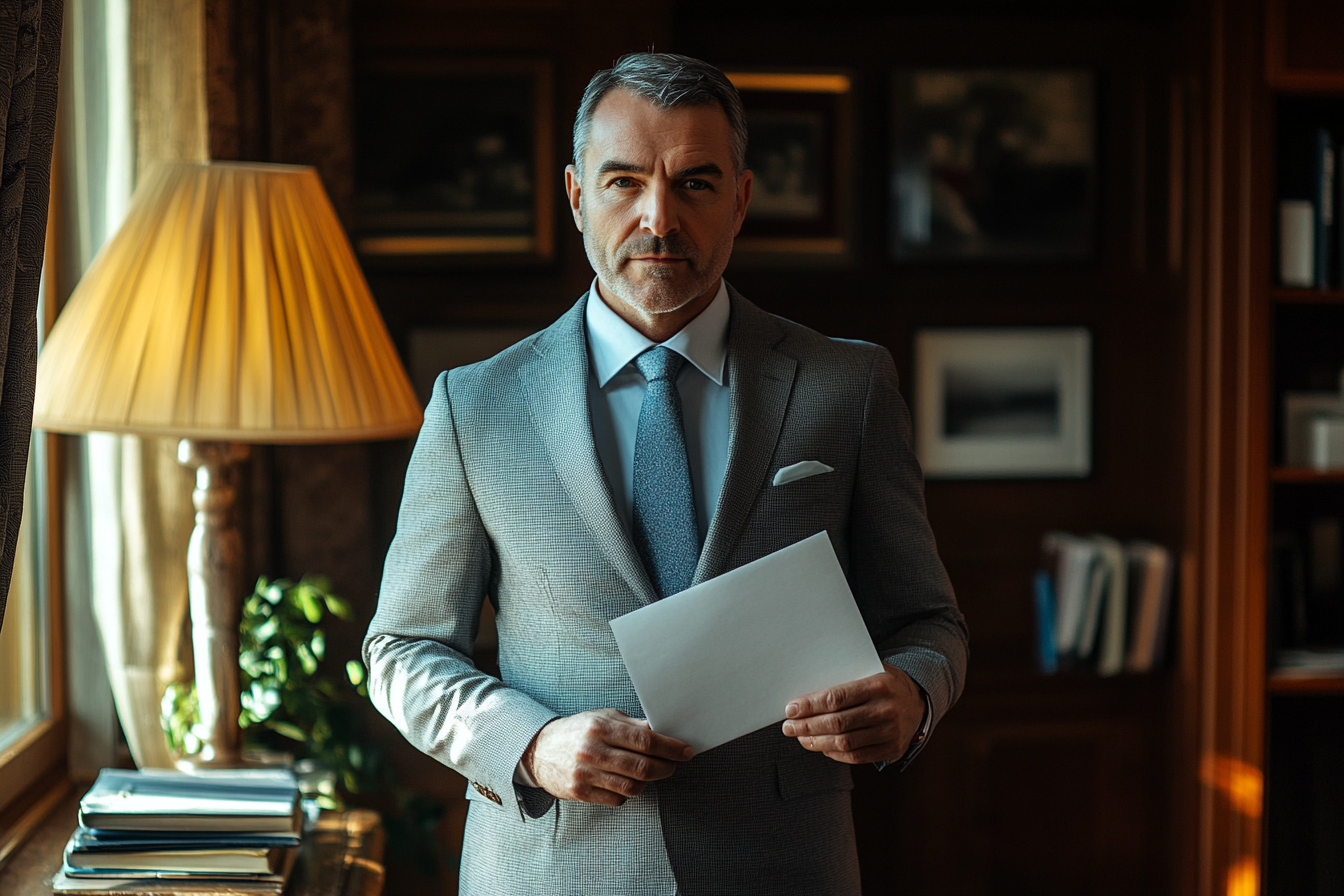 Man in a gray suit holding an envelope in a study | Source: Midjourney