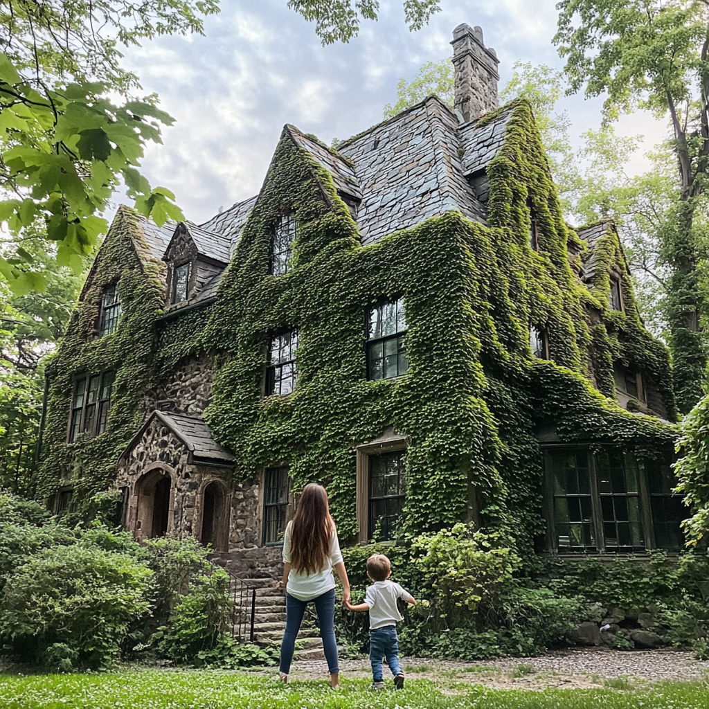 Mother and son playing outside an ivy-covered mansion | Source: Midjourney