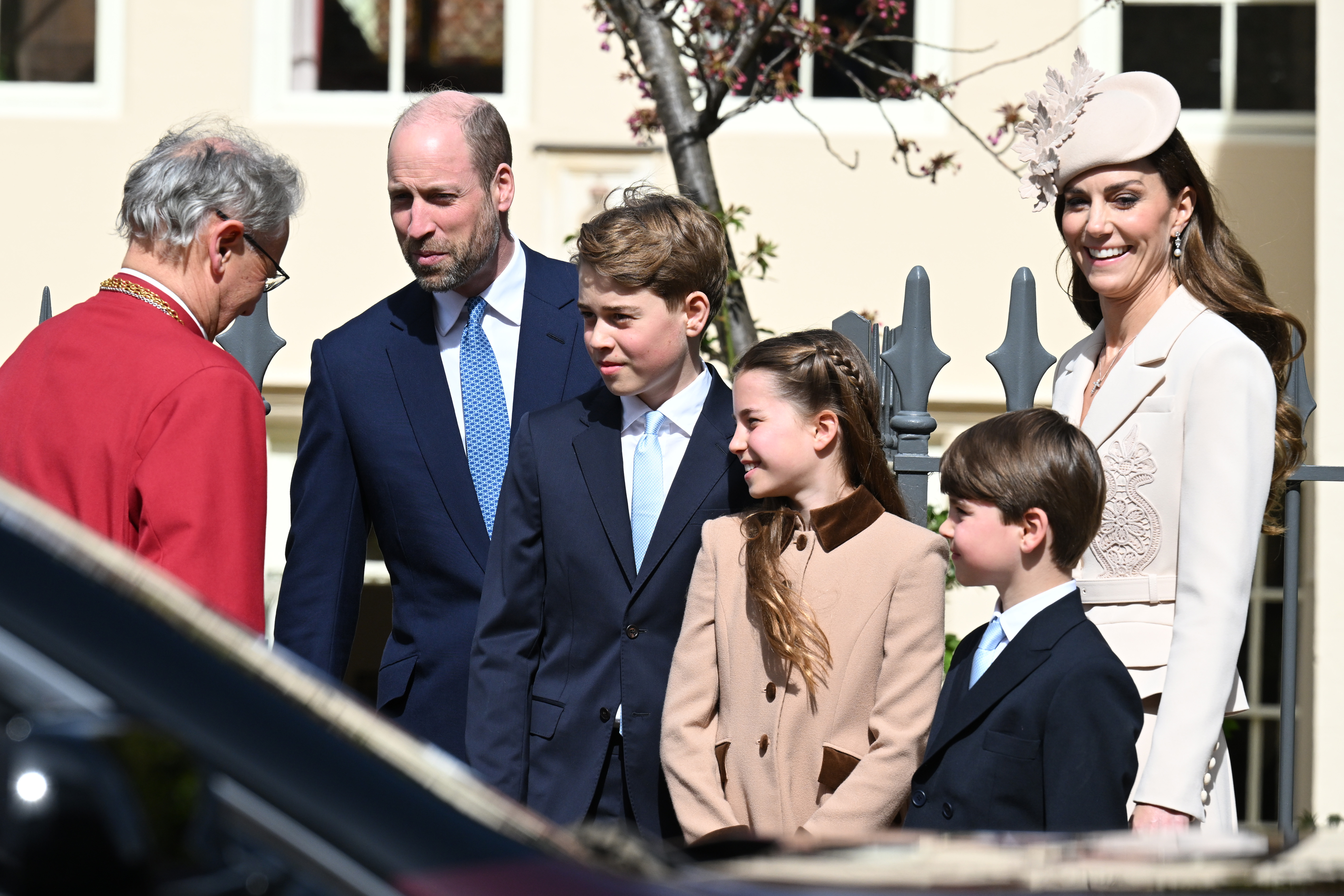 Reverend Dr Christopher Cocksworth, Prince William, Prince of Wales, Prince George of Wales, Princess Charlotte of Wales, Prince Louis of Wales and Catherine, Princess of Wales depart after the 2026 Easter Matins Service at St George's Chapel on April 05, 2026 in Windsor, England. | Source: Getty Images