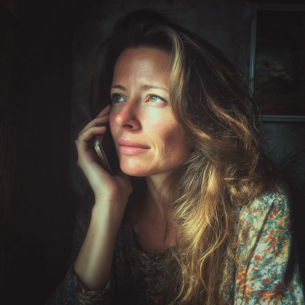A pensive woman talking on a phone | Source: Midjourney