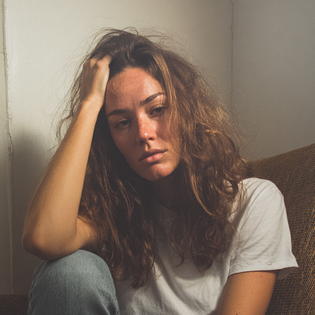 An upset woman with her hand on her head | Source: Midjourney