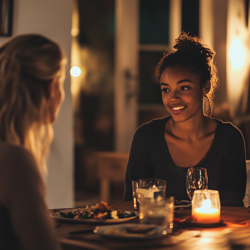 A woman with a forced smile at a dinner table | Source: Midjourney