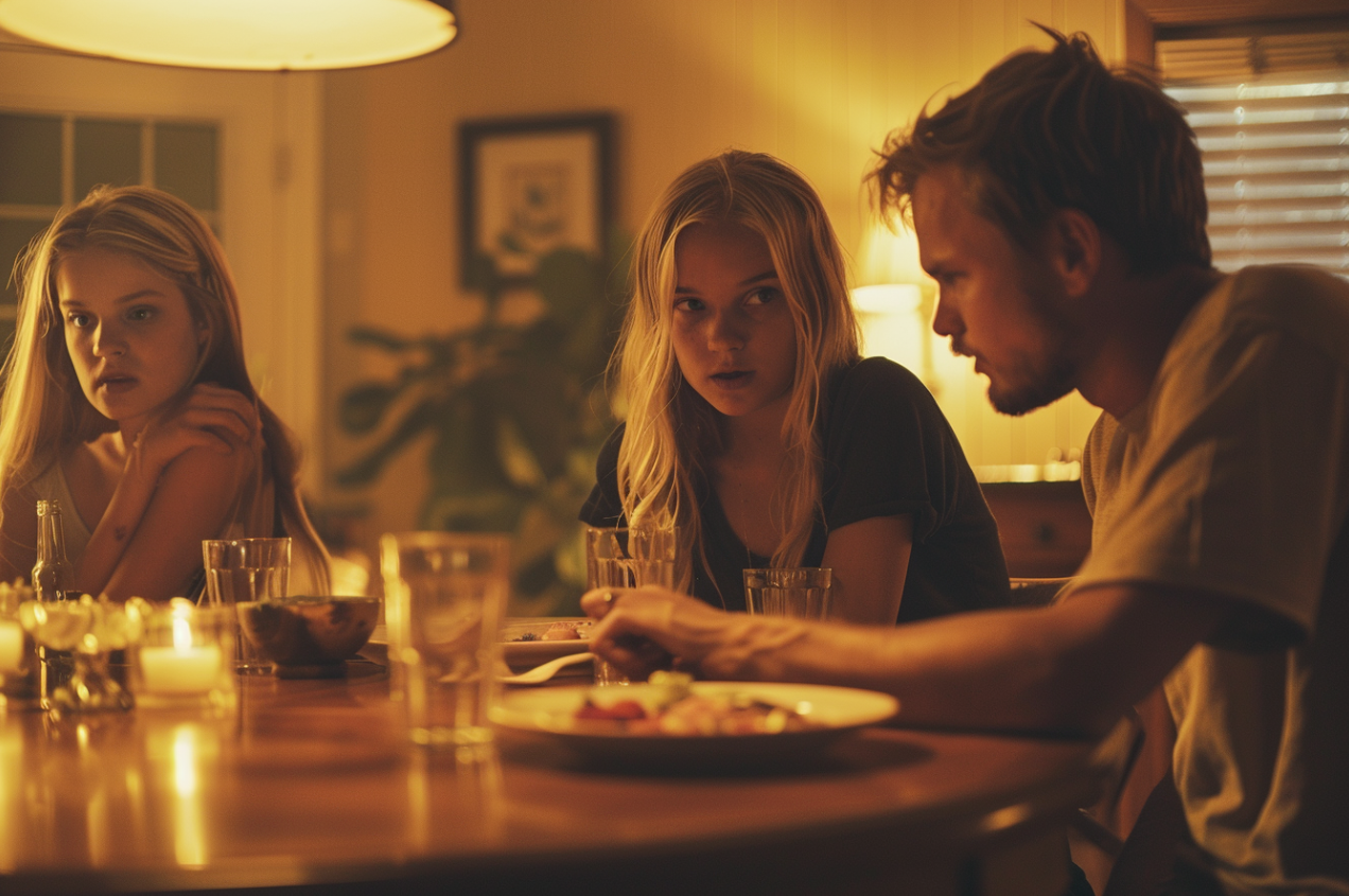 A man having a tense dinner with his twin daughters | Source: MidJourney