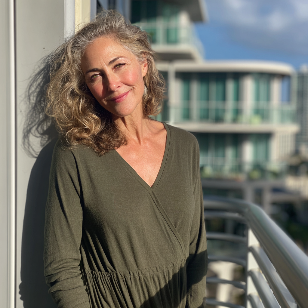 A smiling woman standing on a balcony | Source: Midjourney