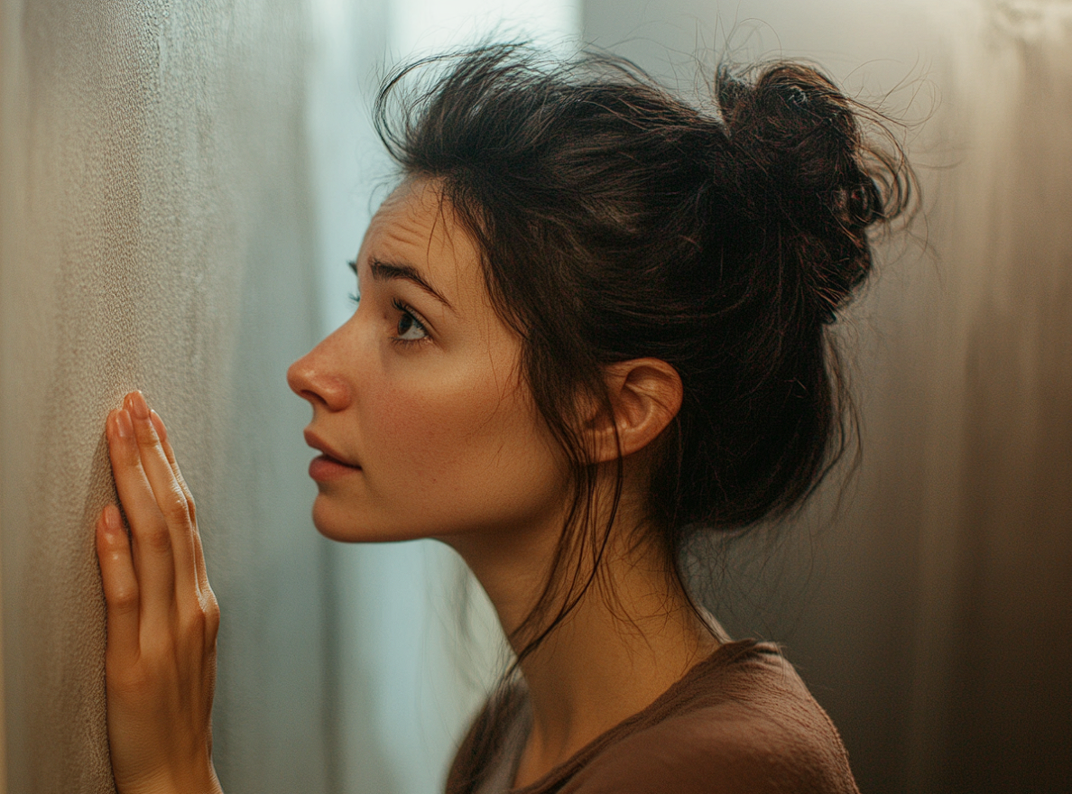 A worried woman pressing one hand against a wall | Source: Midjourney