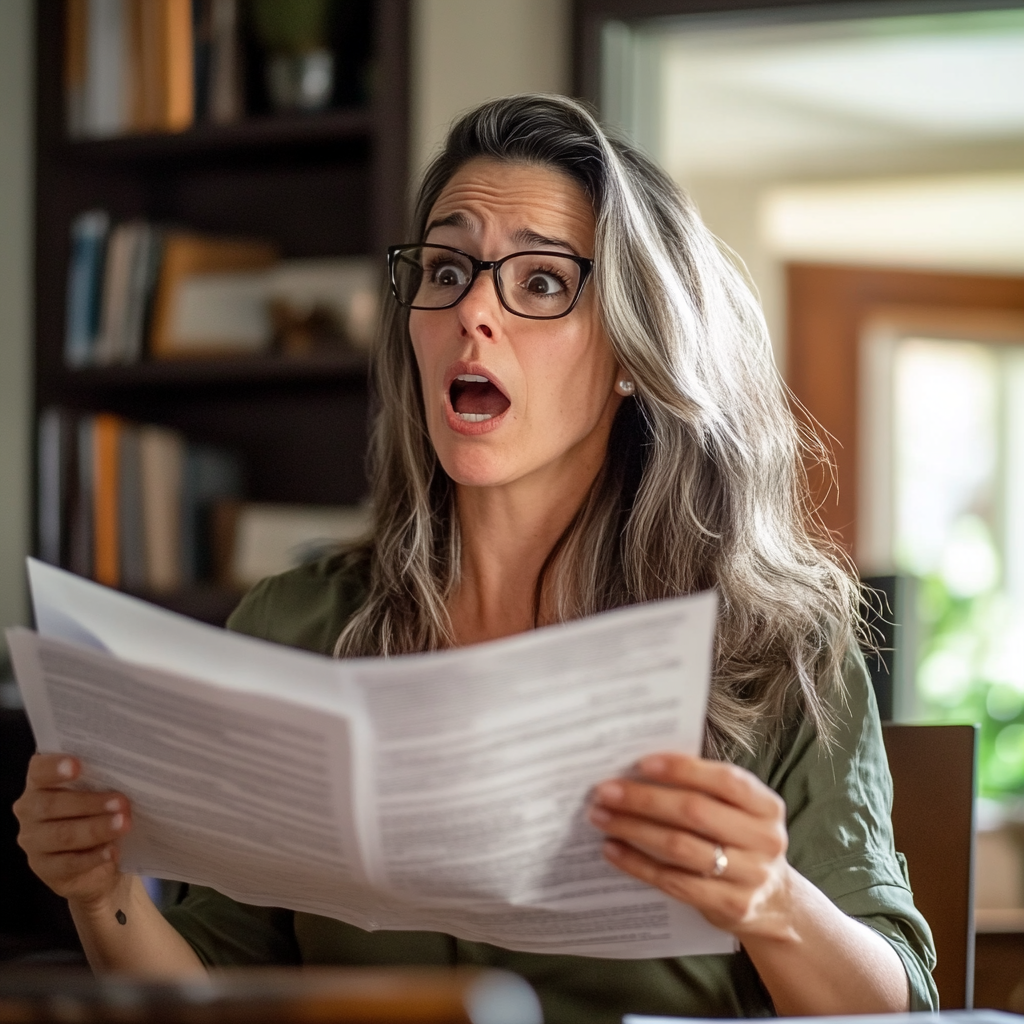 A shocked woman in her home office | Source: Midjourney