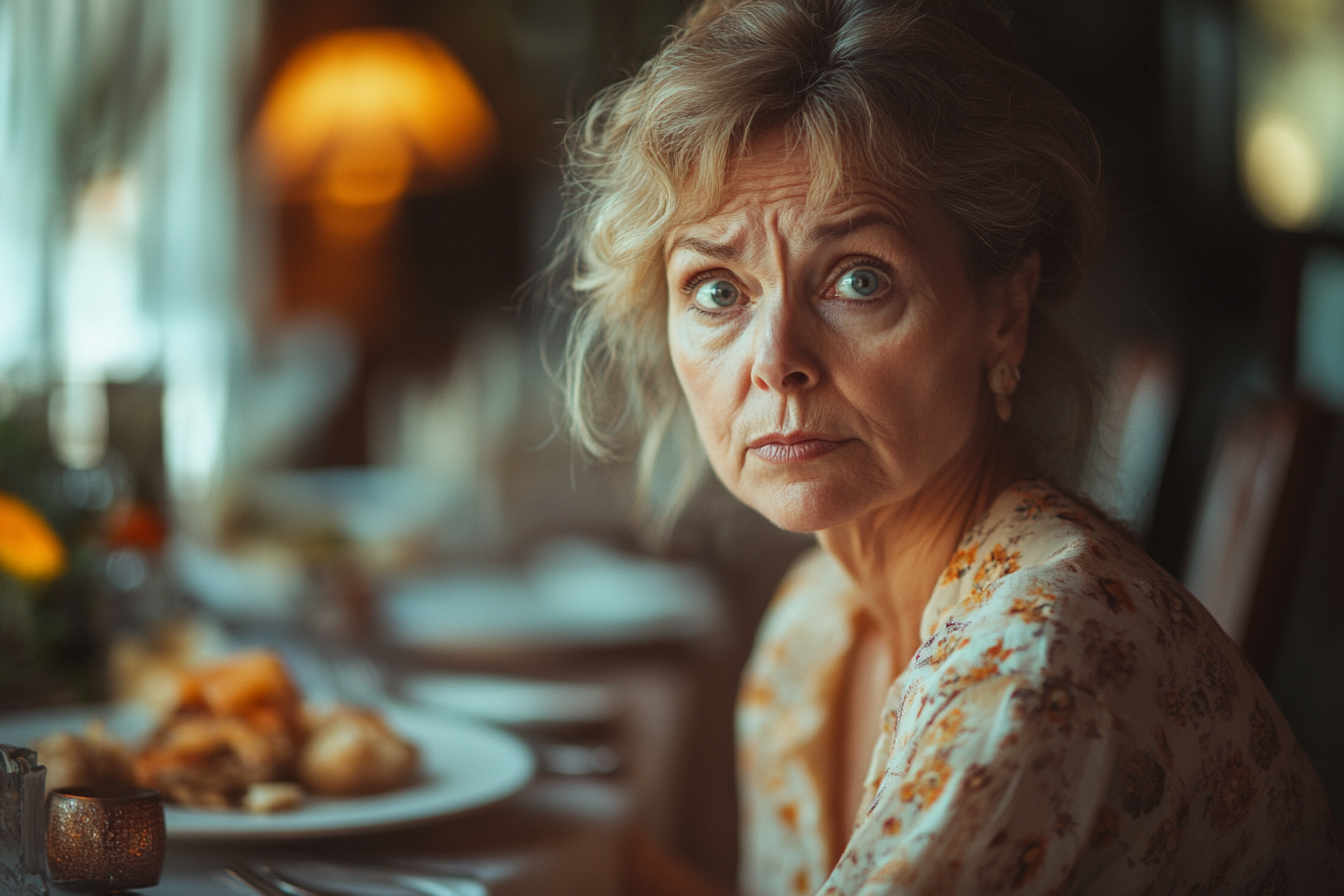 Disappointed senior woman at a dinner table | Source: Midjourney