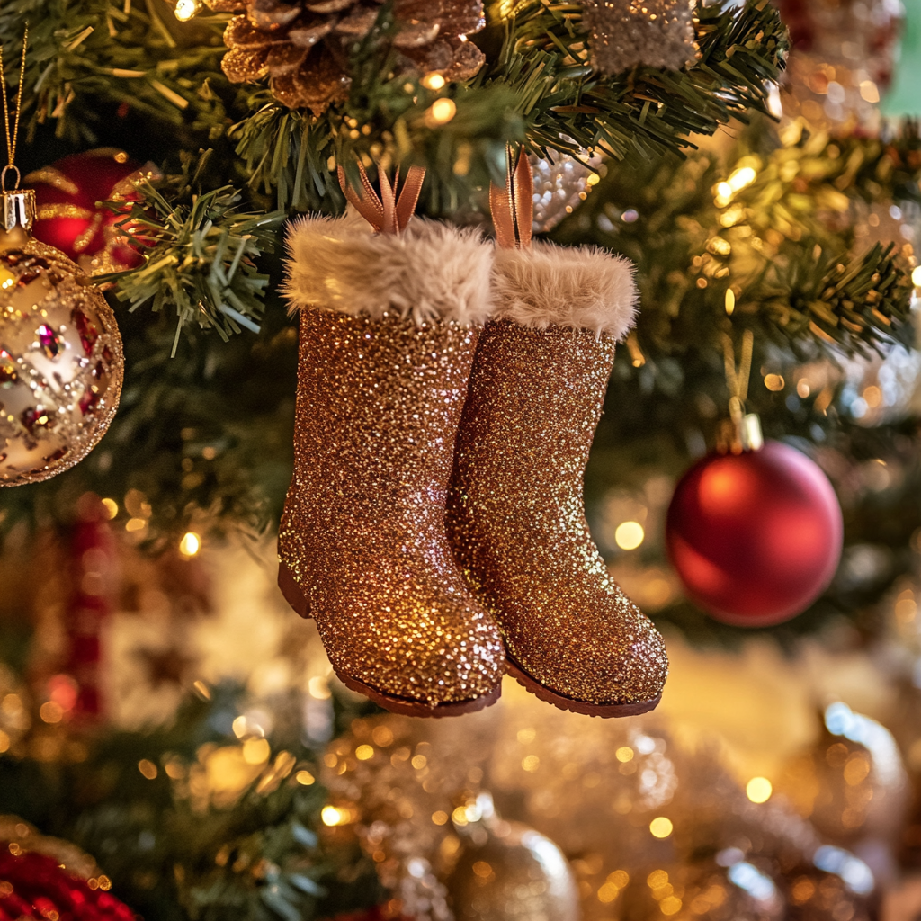 A pair of cute boot trinkets on a Christmas tree | Source: Midjourney