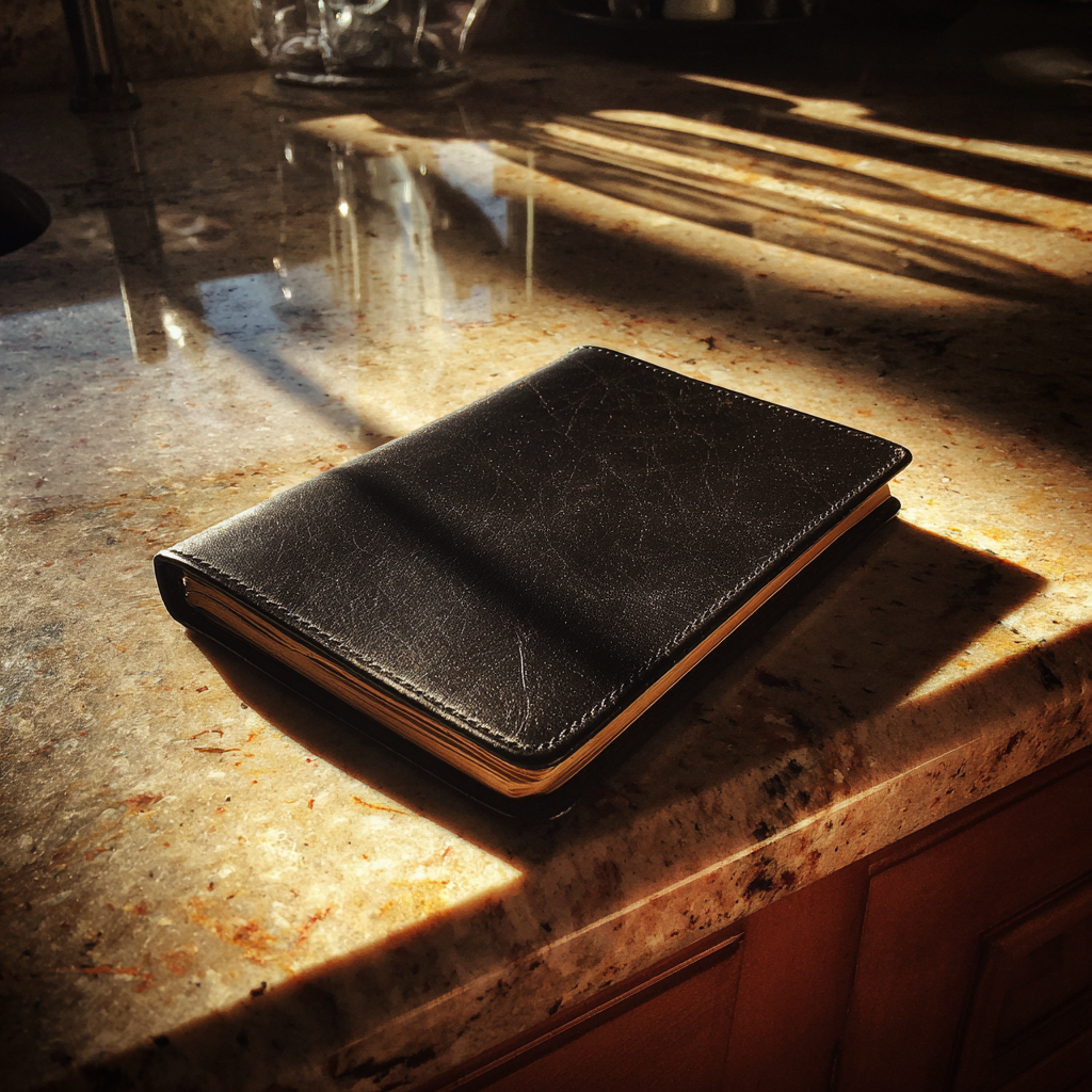 A black notebook on a kitchen counter | Source: Midjourney