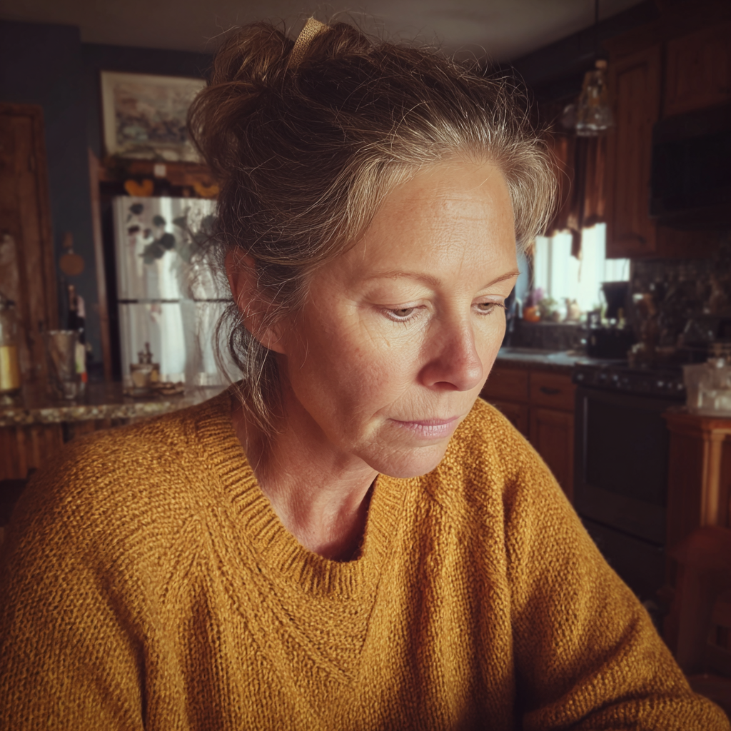 A pensive woman sitting at a kitchen table wearing a mustard jersey | Source: Midjourney
