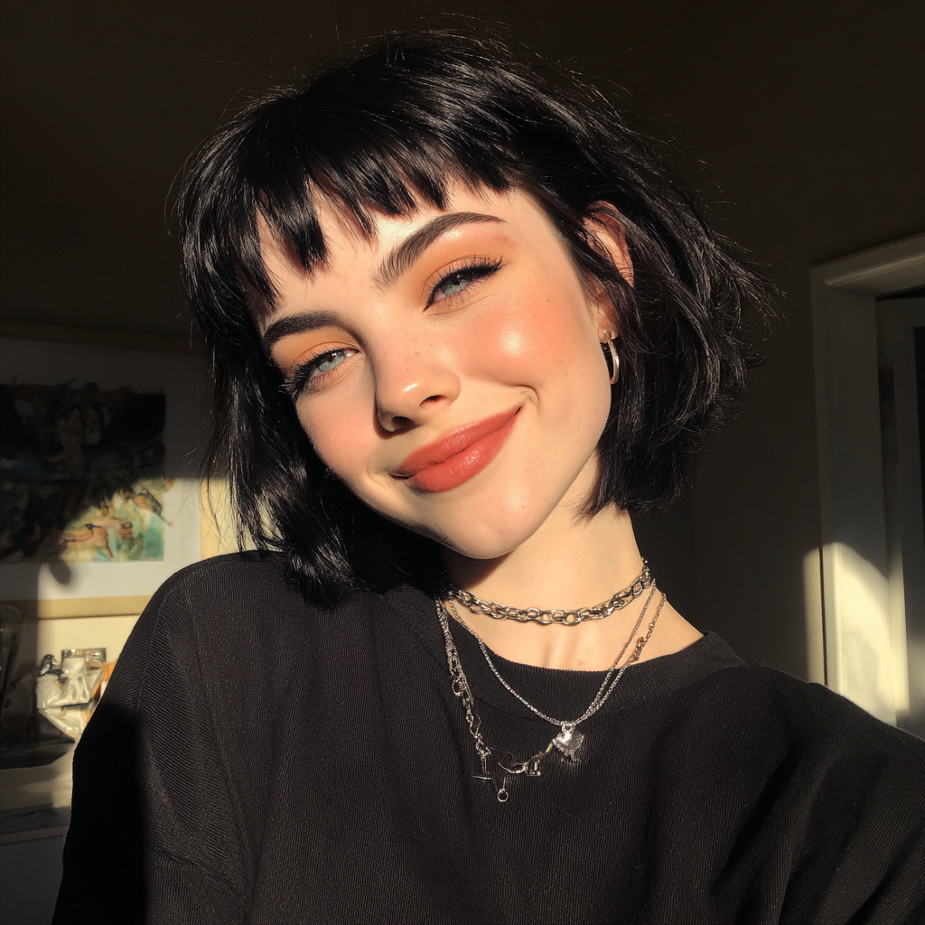 A smiling young woman with short black hair | Source: Midjourney