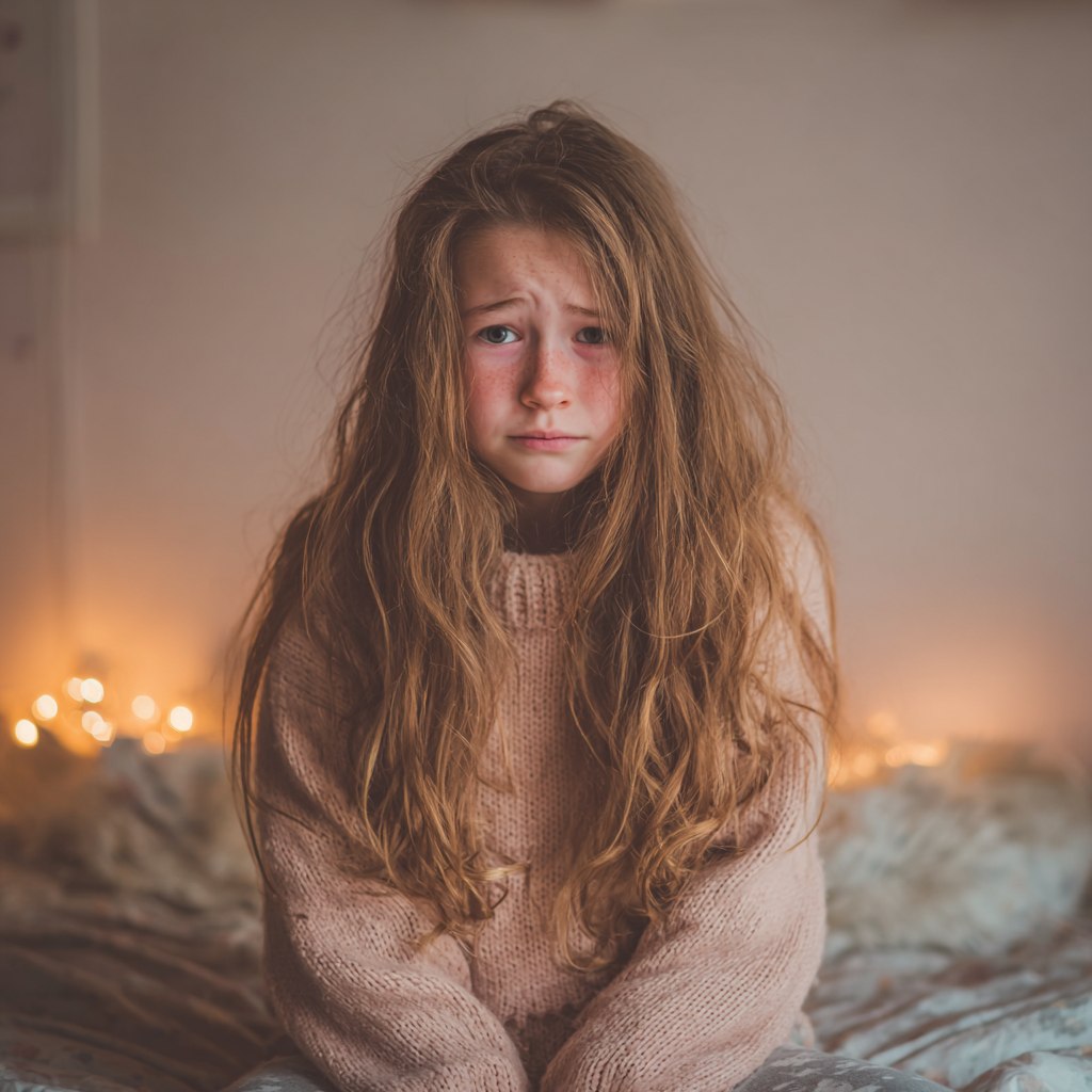 An upset little girl sitting on a bed | Source: Midjourney