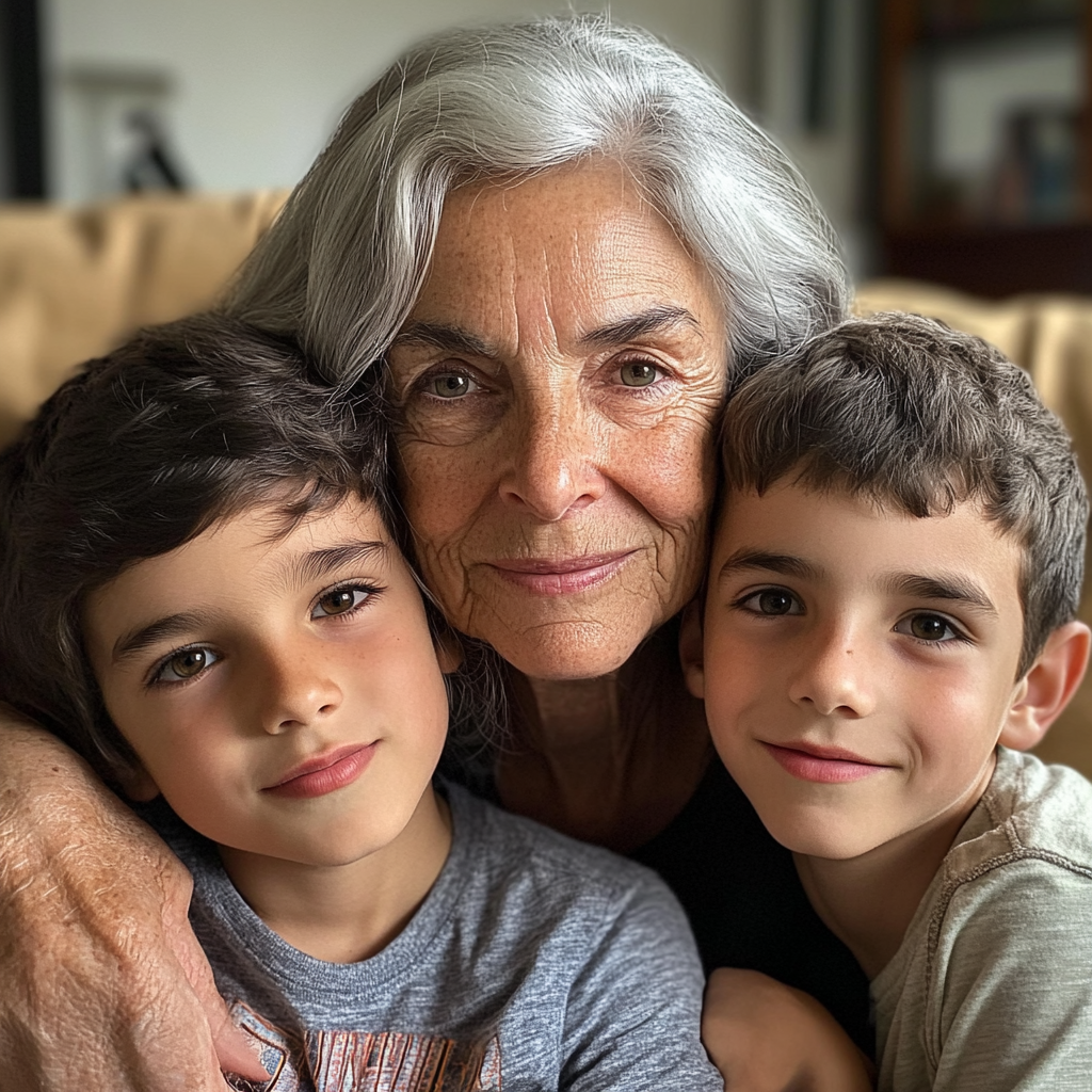 Senior woman with her two twin grandsons | Source: Midjourney