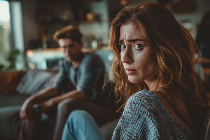 A frustrated woman and a man sitting on the couch | Source: Midjourney