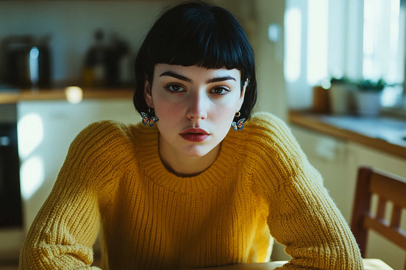 Woman in her 30s wearing a yellow sweater looking serious sitting at the kitchen table | Source: Midjourney