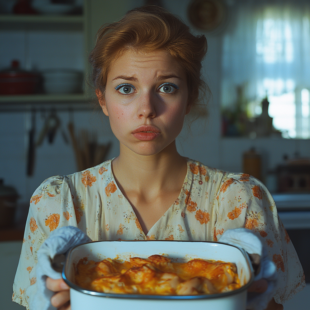 A surprised woman holding a casserole | Source: Midjourney