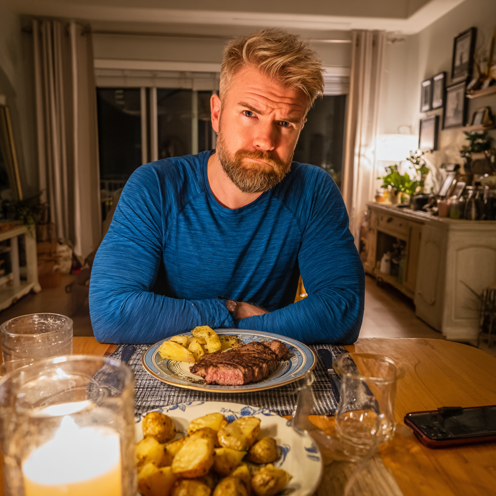 A frowning man sitting at a table | Source: Midjourney