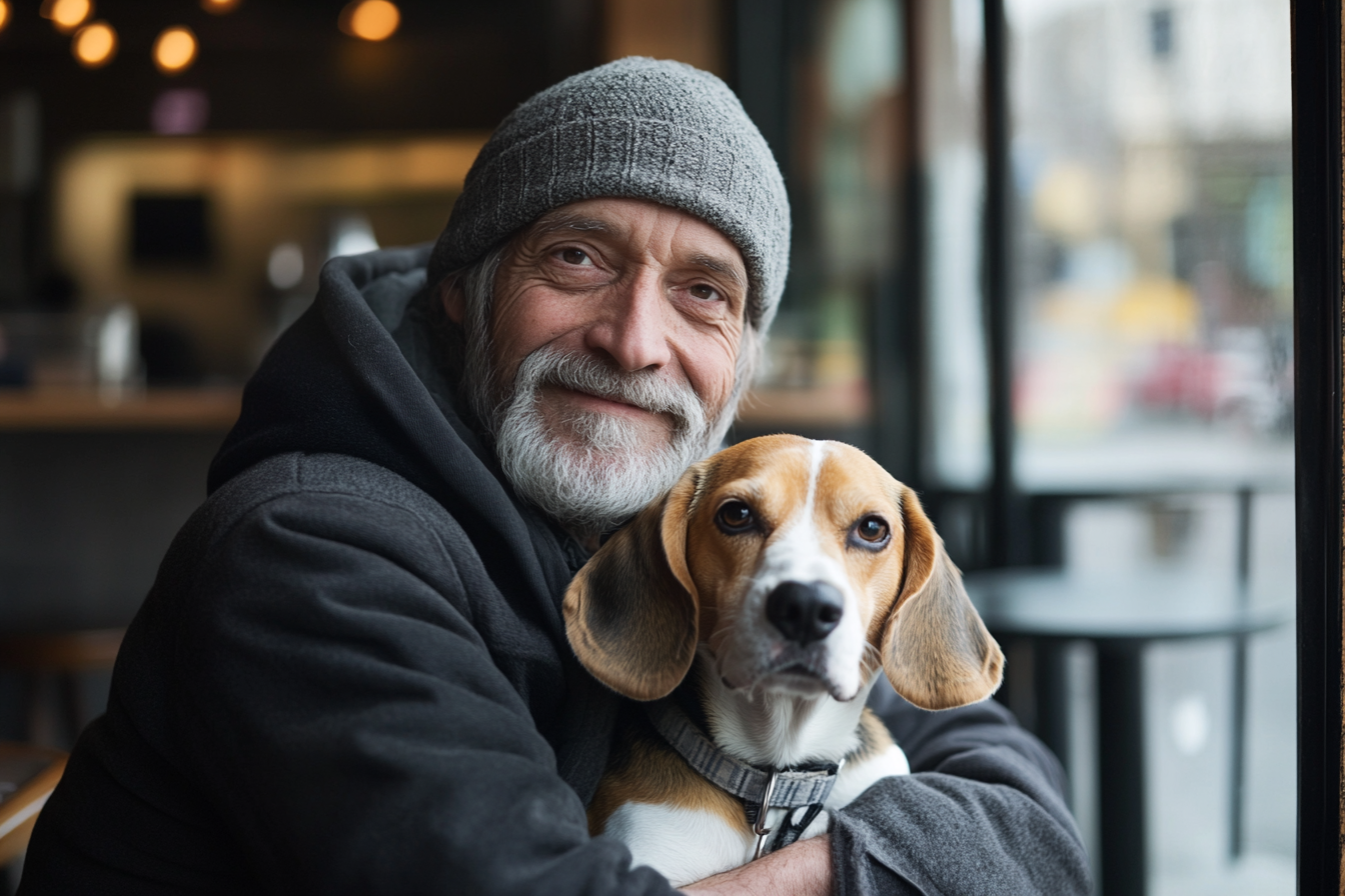 Um morador de rua abraçando um cachorro dentro de um café e sorrindo | Fonte: Midjourney