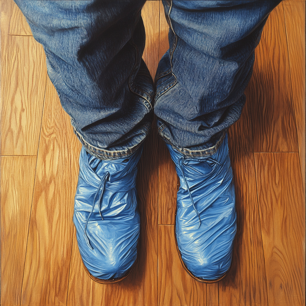 A man wearing blue shoe covers | Source: Midjourney