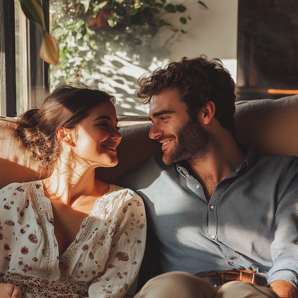 A happy couple talking on the couch | Source: Midjourney