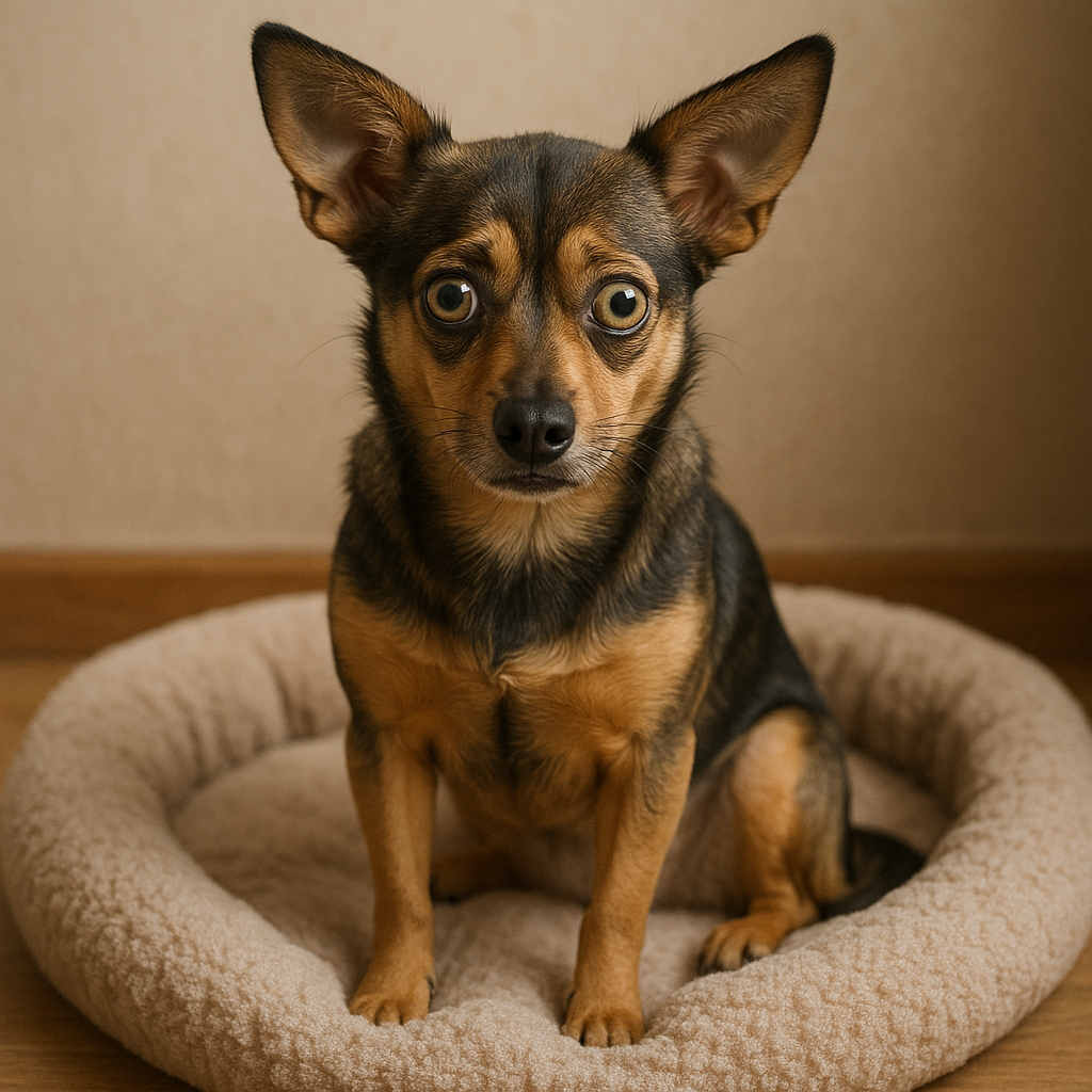 A mixed-breed dog sitting on a dog bed | Source: DALL-E