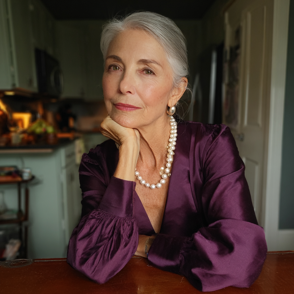 An older woman sitting at a table | Source: Midjourney