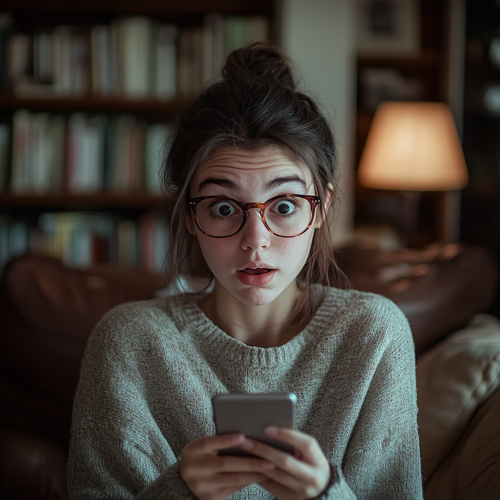 A shocked woman looking at her phone | Source: Midjourney